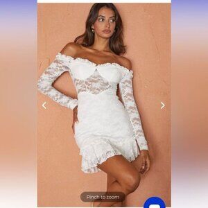 NWT selfie Leslie DOVE OFF-SHOULDER FRILL TRIM LACE MINI DRESS WHITE small